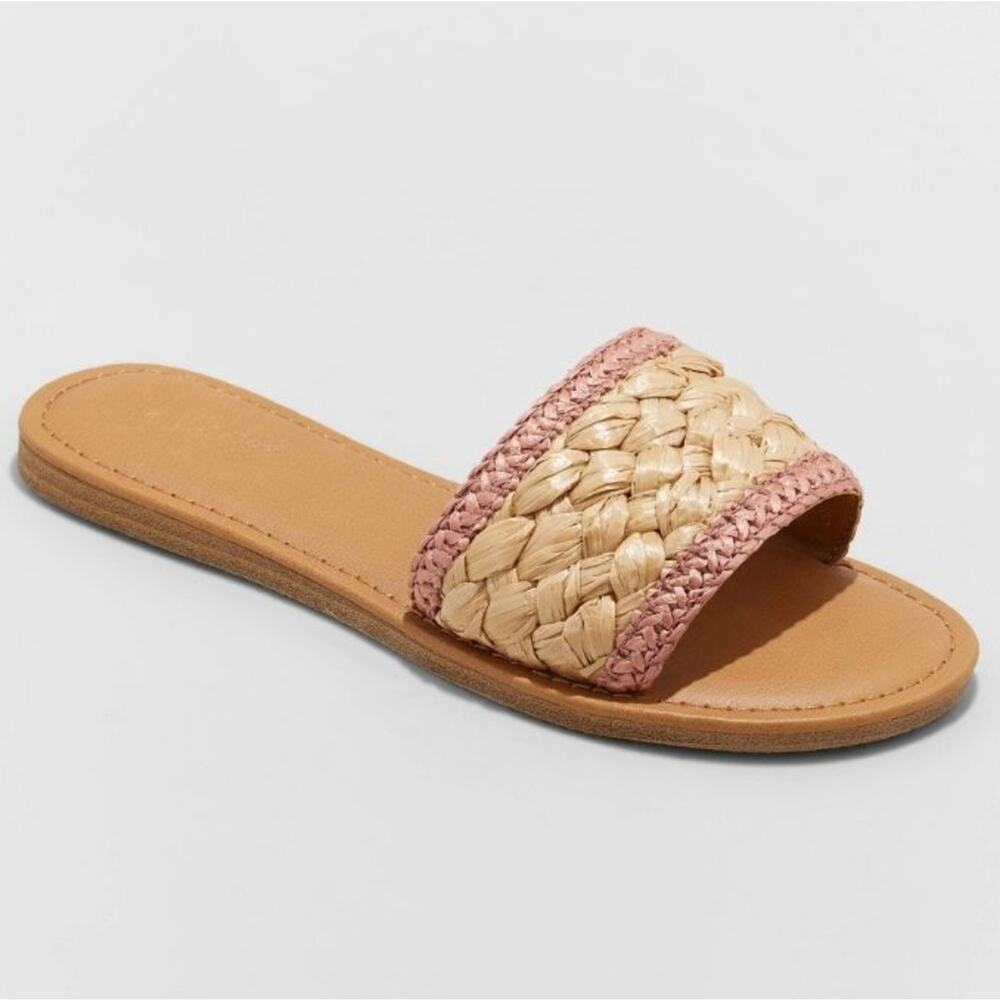 New Universal Threadl Women's Raffia Slides‎ Sandals Rose Pink Trim Gifts Size 8